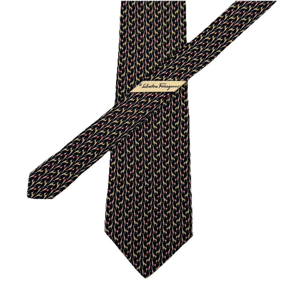 Salvatore Ferragamo 100% Silk Tie Black Llamas Saddles Made Italy Italian New